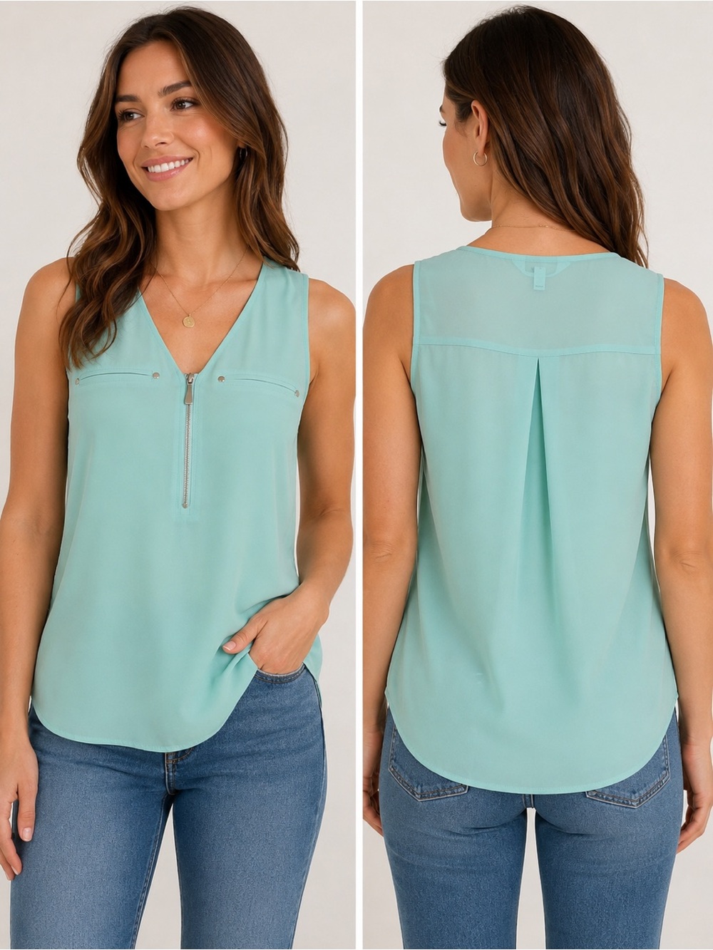 Norah Mint Green Sleeveless Vneck Zip Front Faux Pockets Semi Sheer Blouse S